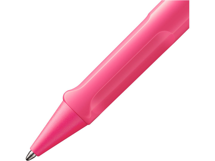 LAMY safari Ballpoint Pen in Neon Pink 2026 Special Edition showing the ergonomic grip section, durable ASA plastic body and vibrant pink finish