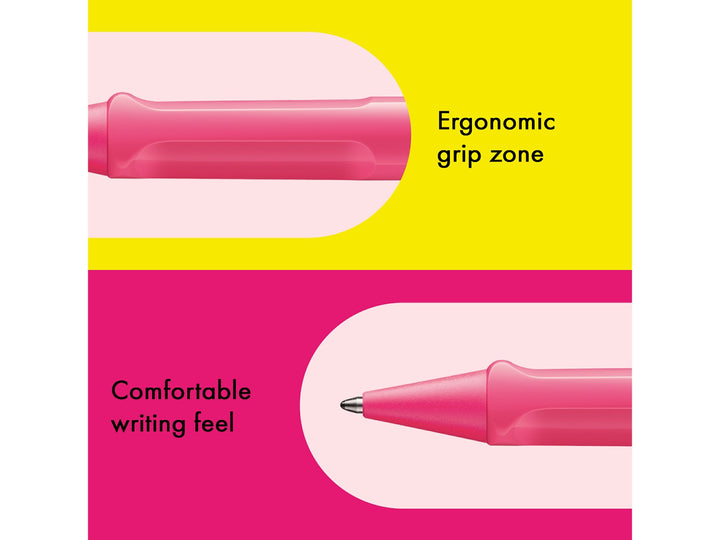 Infographic highlighting the ergonomic grip zone and comfortable writing feel of the LAMY safari Ballpoint Pen in Neon Pink 2026 Special Edition