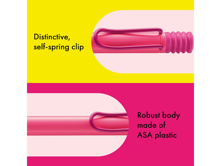 Infographic highlighting the distinctive self-sprung metal clip and durable ASA plastic body of the LAMY safari Ballpoint Pen in Neon Pink 2026 Special Edition