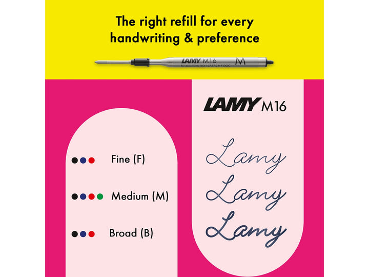 Infographic showing the LAMY M16 ballpoint refill compatibility range, available line widths and ink colours for the LAMY safari Ballpoint Pen Neon Pink 2026 Special Edition