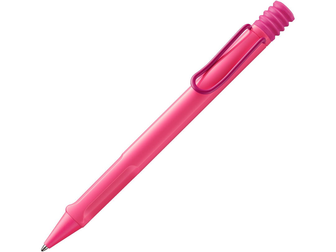 LAMY safari ballpoint pen in Neon Pink 2026 Special Edition with ergonomic grip section, flexible metal clip and black medium LAMY M16 refill
