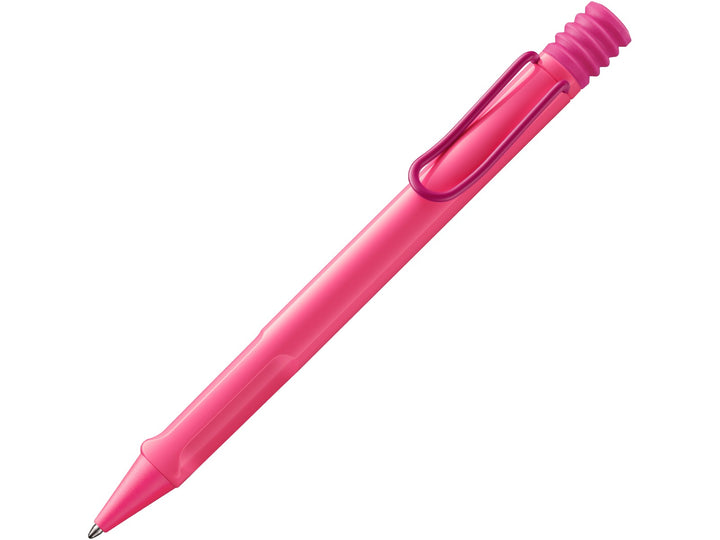 LAMY safari ballpoint pen in Neon Pink 2026 Special Edition with ergonomic grip section, flexible metal clip and black medium LAMY M16 refill