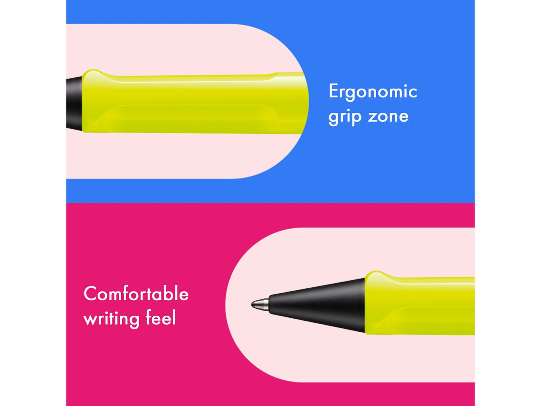 Infographic highlighting the ergonomic grip zone and comfortable writing feel of the LAMY safari Ballpoint Pen in Neon Yellow 2026 Special Edition