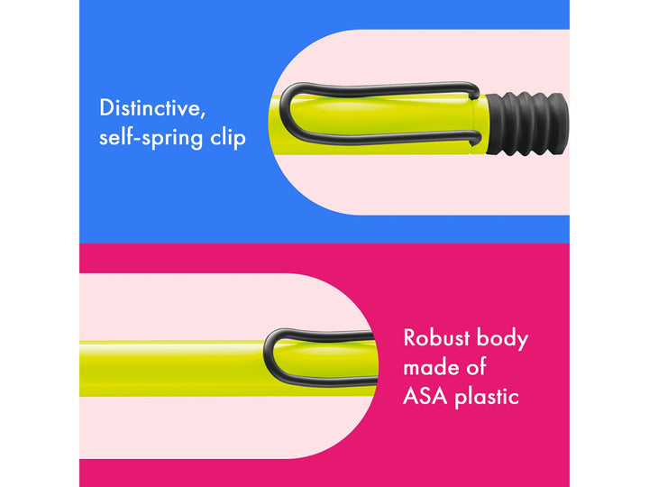 Infographic highlighting the distinctive self-sprung metal clip and durable ASA plastic body of the LAMY safari Ballpoint Pen in Neon Yellow 2026 Special Edition