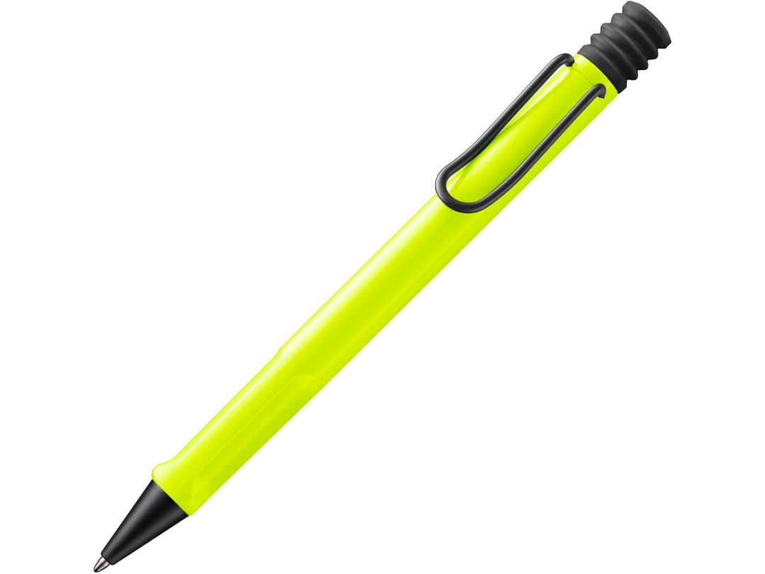 LAMY safari Ballpoint Pen in Neon Yellow 2026 Special Edition featuring a vibrant ASA plastic barrel, black self-sprung metal clip and black push-button mechanism