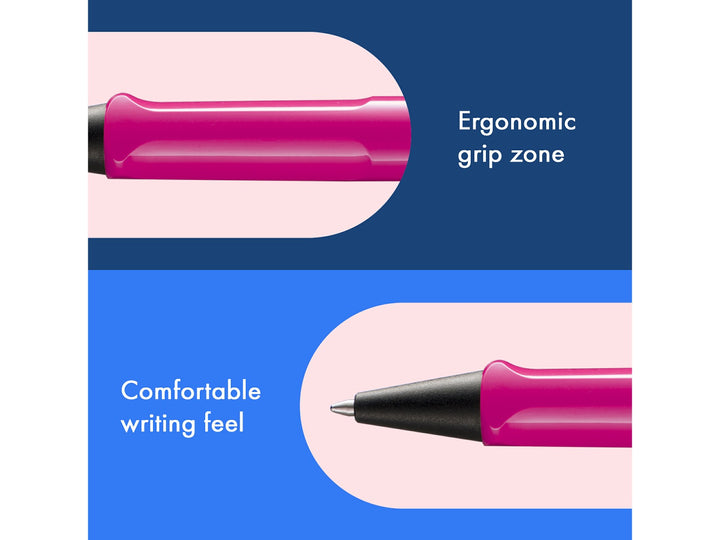 Infographic highlighting the ergonomic grip zone and comfortable writing feel of the LAMY safari Ballpoint Pen in Pink, featuring the moulded grip section, black cone tip and durable ASA plastic construction