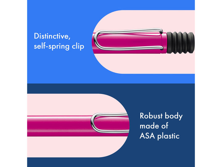 Infographic highlighting the distinctive self-sprung metal clip and durable ASA plastic body of the LAMY safari Ballpoint Pen in Pink, showcasing the iconic wire clip design, vibrant pink finish and robust lightweight construction
