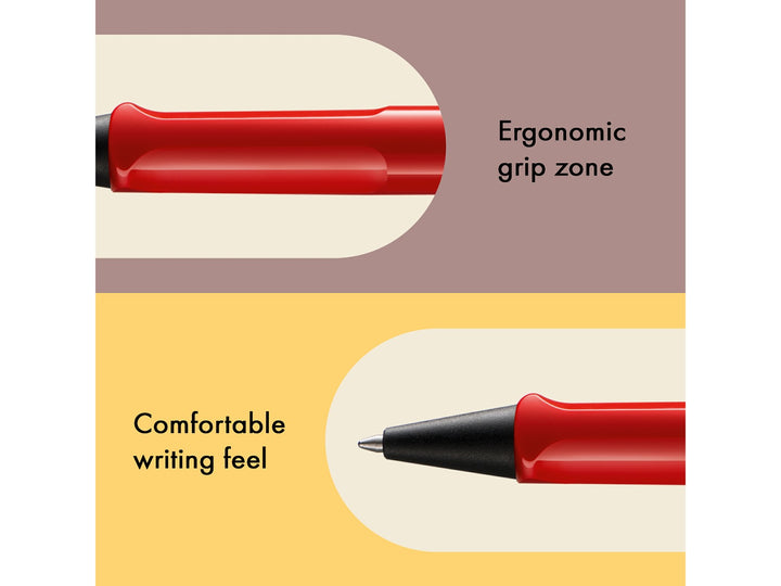 Infographic highlighting the ergonomic grip zone and comfortable writing feel of the LAMY safari Ballpoint Pen in Red, featuring the moulded grip section, black cone tip and durable ASA plastic construction