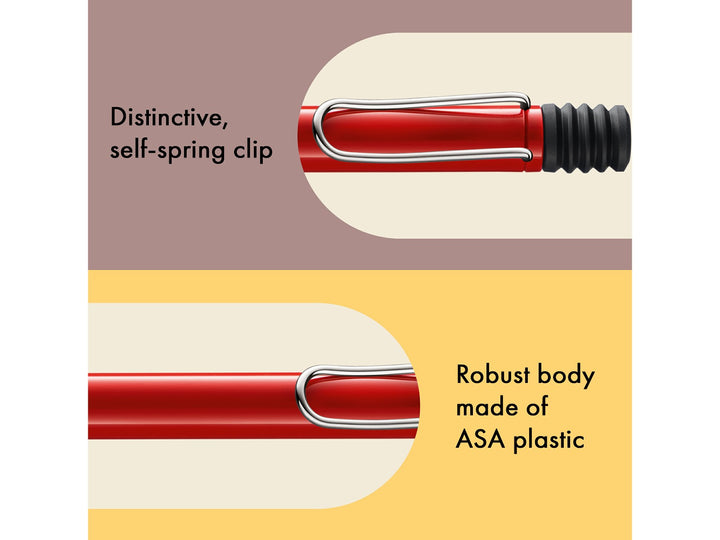 Infographic highlighting the distinctive self-sprung metal clip and durable ASA plastic body of the LAMY safari Ballpoint Pen in Red, showcasing the iconic wire clip design, vibrant red finish and robust lightweight construction