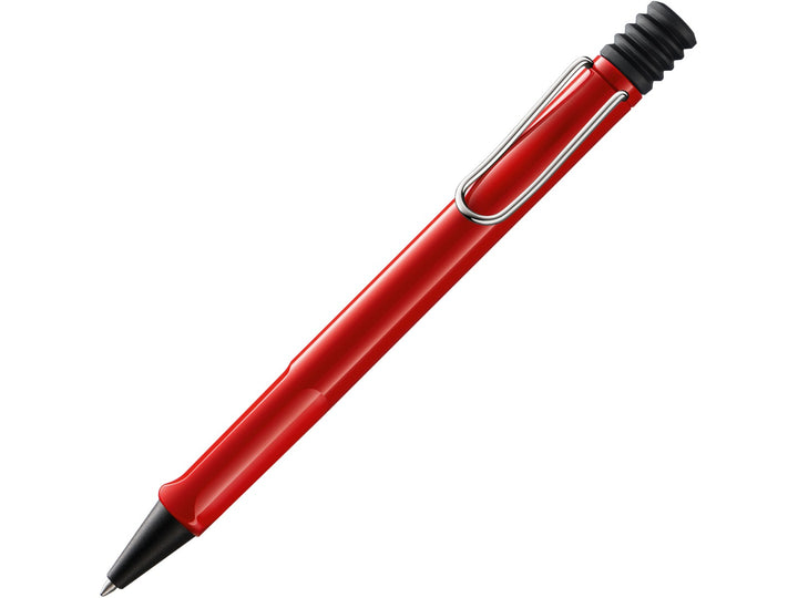 LAMY safari ballpoint pen in Red with ergonomic grip section, self-sprung metal clip and blue medium LAMY M16 refill