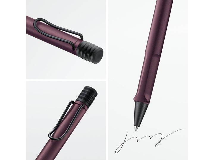 Collage showcasing key design features of the LAMY safari Ballpoint Pen in Scarlet, including the signature self-sprung metal clip, ergonomic grip section, push-button mechanism and smooth ballpoint writing performance in a dark burgundy-red finish