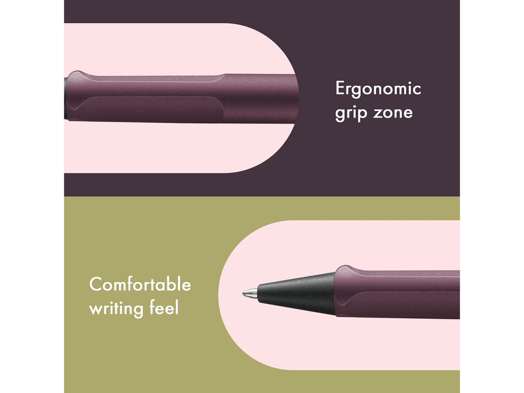 Infographic highlighting the ergonomic grip zone and comfortable writing feel of the LAMY safari Ballpoint Pen in Scarlet, featuring the moulded grip section, black cone tip and durable ASA plastic construction in a burgundy-red finish