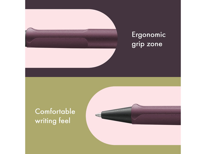 Infographic highlighting the ergonomic grip zone and comfortable writing feel of the LAMY safari Ballpoint Pen in Scarlet, featuring the moulded grip section, black cone tip and durable ASA plastic construction in a burgundy-red finish