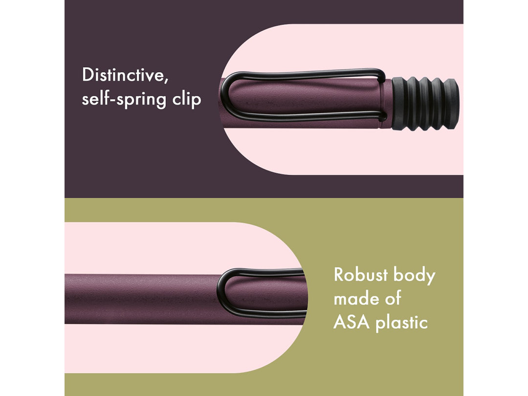 Infographic highlighting the distinctive self-sprung metal clip and durable ASA plastic body of the LAMY safari Ballpoint Pen in Scarlet, showcasing the dark burgundy-red finish, signature wire clip and robust lightweight construction