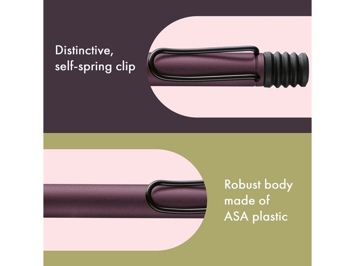 Infographic highlighting the distinctive self-sprung metal clip and durable ASA plastic body of the LAMY safari Ballpoint Pen in Scarlet, showcasing the dark burgundy-red finish, signature wire clip and robust lightweight construction