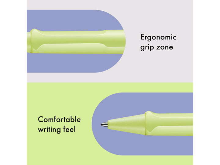 Infographic highlighting the ergonomic grip zone and comfortable writing feel of the LAMY safari Ballpoint Pen in Spring Green, featuring the moulded grip section, matching Spring Green cone tip and lightweight durable ASA plastic construction