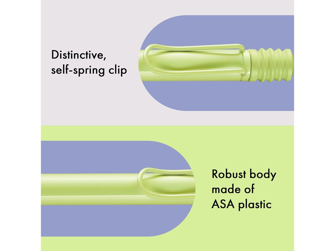 Infographic highlighting the distinctive self-sprung clip and durable ASA plastic body of the LAMY safari Ballpoint Pen in Spring Green, showcasing the matching Spring Green wire clip, barrel and lightweight robust construction