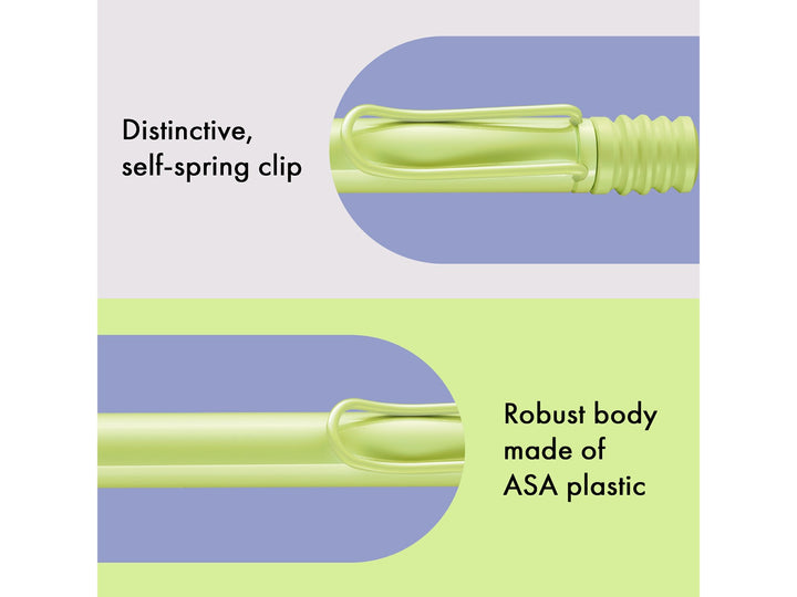 Infographic highlighting the distinctive self-sprung clip and durable ASA plastic body of the LAMY safari Ballpoint Pen in Spring Green, showcasing the matching Spring Green wire clip, barrel and lightweight robust construction