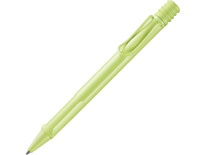 LAMY safari ballpoint pen in Spring Green with ergonomic grip section, self-sprung metal clip and blue medium LAMY M16 refill