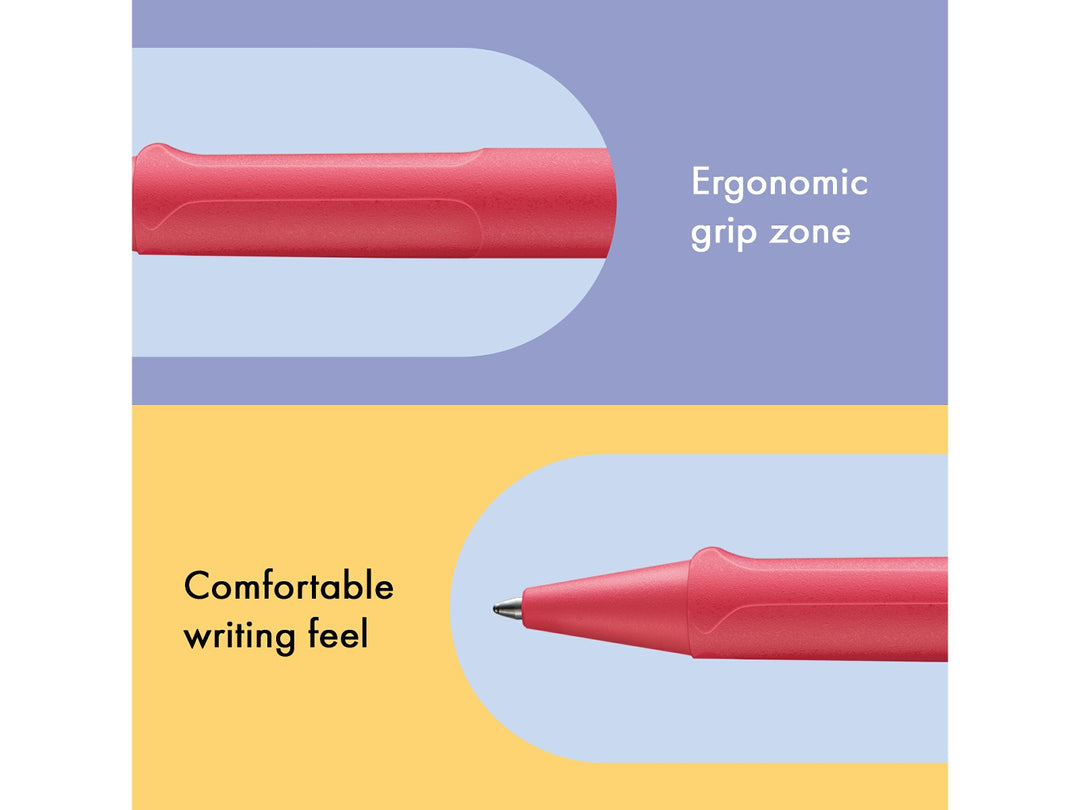 Infographic highlighting the ergonomic grip zone and comfortable writing experience of the LAMY safari Ballpoint Pen in Sunset 2025 Special Edition, featuring the distinctive moulded grip and matching coloured tip