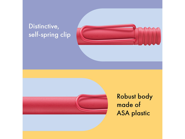 Infographic highlighting the distinctive self-sprung metal clip and durable ASA plastic body of the LAMY safari Ballpoint Pen in Sunset 2025 Special Edition
