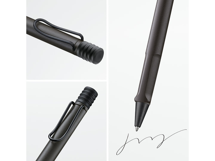 Collage showcasing key design features of the LAMY safari Ballpoint Pen in Umbra, including the signature self-sprung metal clip, ergonomic grip section, push-button mechanism and smooth ballpoint writing performance in a rich dark brown finish