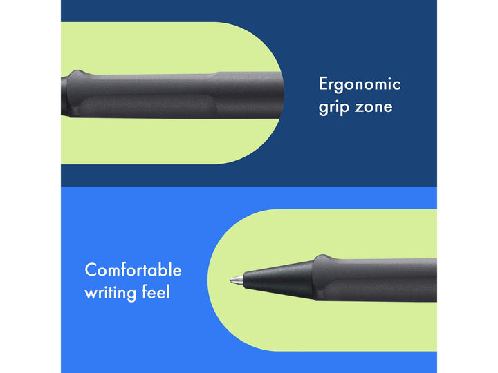 Infographic highlighting the ergonomic grip zone and comfortable writing feel of the LAMY safari Ballpoint Pen in Umbra, featuring the moulded grip section, black cone tip and durable ASA plastic construction in a rich dark brown finish
