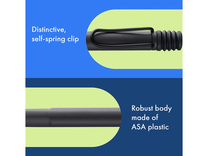 Infographic highlighting the distinctive self-sprung metal clip and durable ASA plastic body of the LAMY safari Ballpoint Pen in Umbra, showcasing the black wire clip, textured dark brown finish and robust lightweight construction