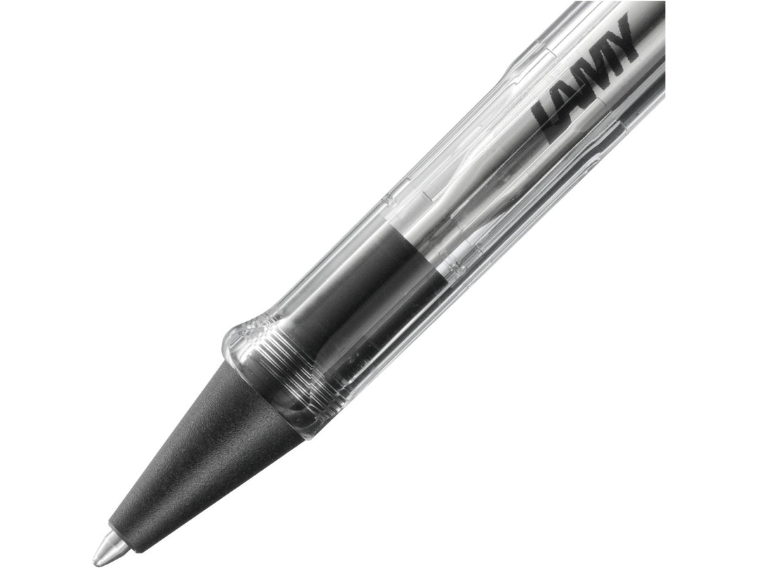 Close-up of the LAMY safari Vista Ballpoint Pen featuring a transparent ASA plastic barrel, visible internal components, black cone tip and installed LAMY M16 black ballpoint refill