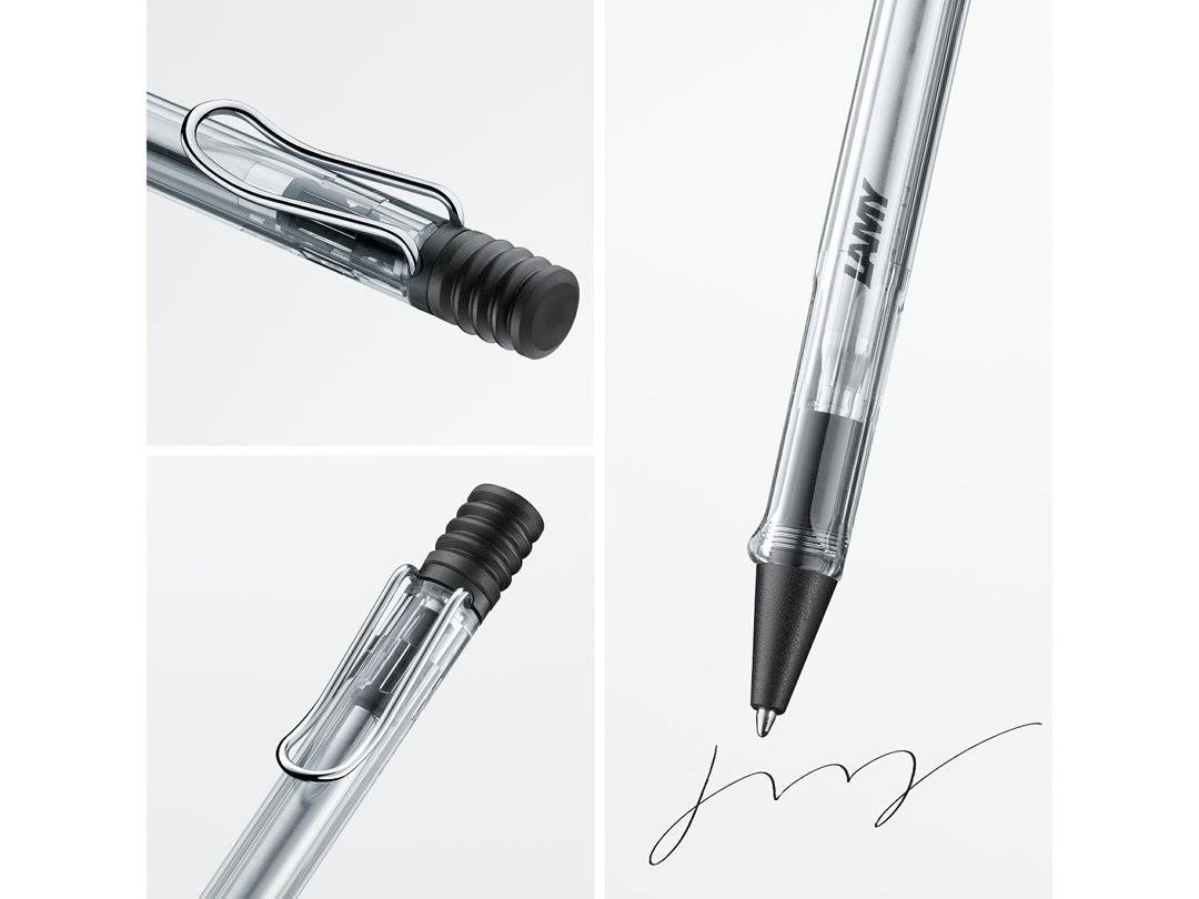 Collage showcasing key design features of the LAMY safari Vista Ballpoint Pen, including the transparent demonstrator-style barrel, visible internal components, self-sprung metal clip, push-button mechanism and smooth ballpoint writing performance