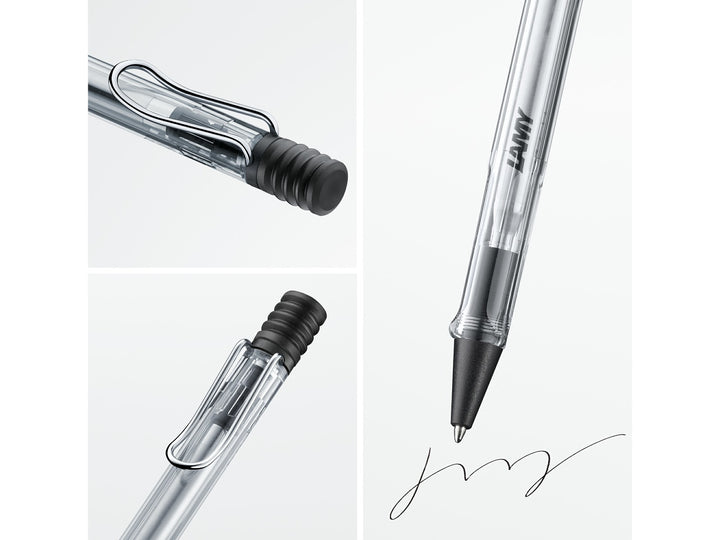 Collage showcasing key design features of the LAMY safari Vista Ballpoint Pen, including the transparent demonstrator-style barrel, visible internal components, self-sprung metal clip, push-button mechanism and smooth ballpoint writing performance