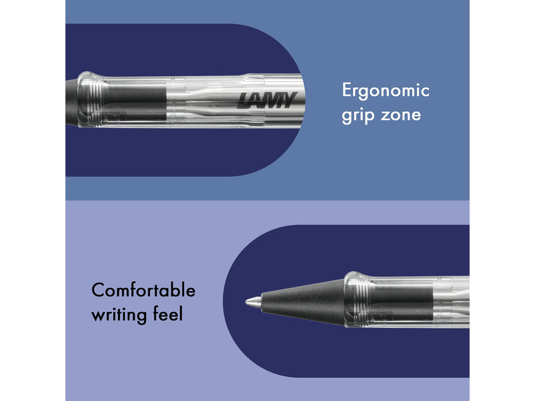Infographic highlighting the ergonomic grip zone and comfortable writing feel of the LAMY safari Vista Ballpoint Pen, featuring the transparent demonstrator-style barrel, visible internal components, black cone tip and durable ASA plastic construction