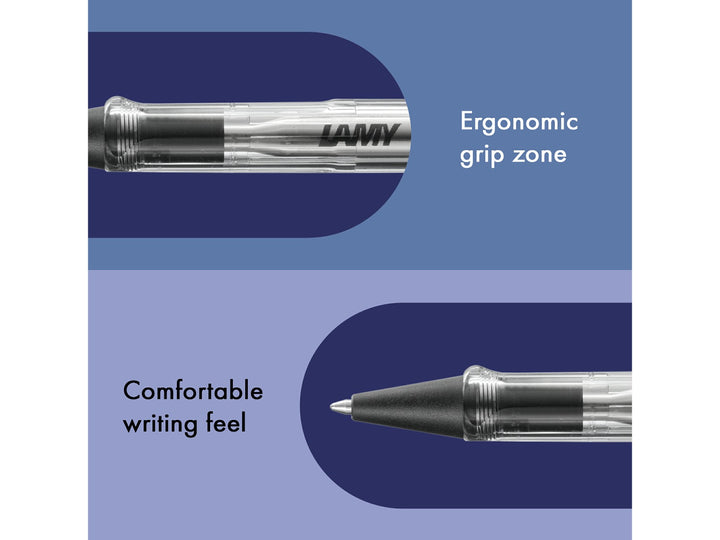 Infographic highlighting the ergonomic grip zone and comfortable writing feel of the LAMY safari Vista Ballpoint Pen, featuring the transparent demonstrator-style barrel, visible internal components, black cone tip and durable ASA plastic construction