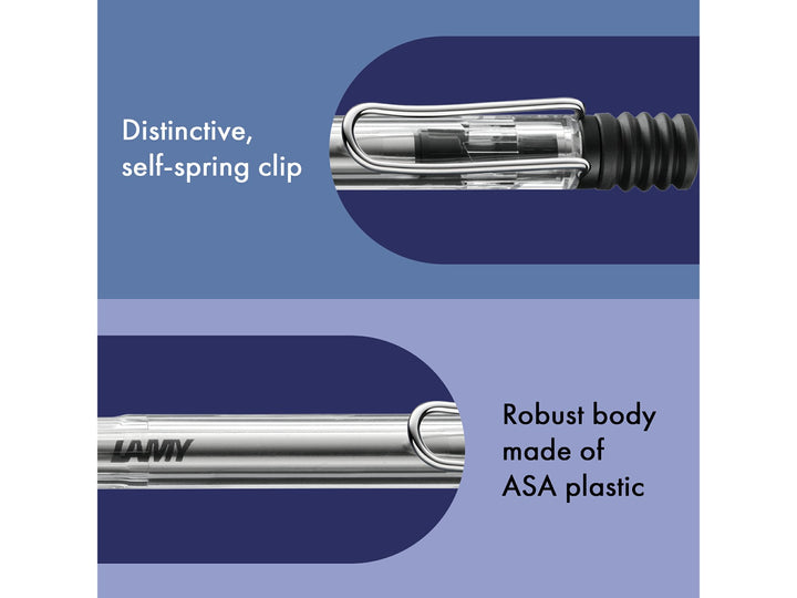Infographic highlighting the distinctive self-sprung metal clip and durable transparent ASA plastic body of the LAMY safari Vista Ballpoint Pen, showcasing the demonstrator-style barrel, visible internal components and robust lightweight construction
