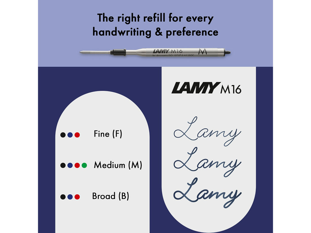 Infographic showing LAMY M16 ballpoint refill compatibility for the LAMY safari Vista Ballpoint Pen, including Fine, Medium and Broad line widths, available black, blue, red and green ink colours, and comparative handwriting samples