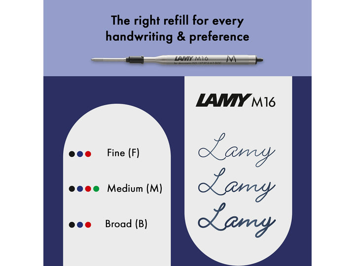 Infographic showing LAMY M16 ballpoint refill compatibility for the LAMY safari Vista Ballpoint Pen, including Fine, Medium and Broad line widths, available black, blue, red and green ink colours, and comparative handwriting samples