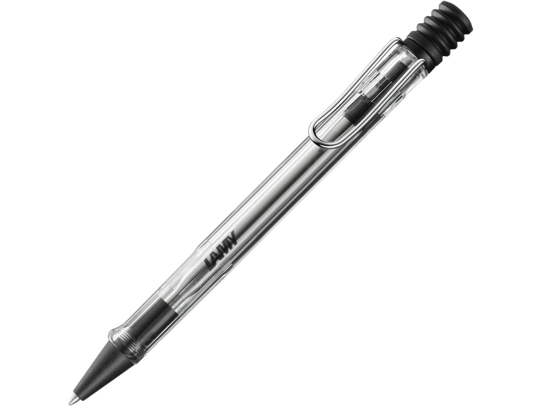LAMY safari Vista ballpoint pen with transparent ASA plastic body, ergonomic grip section, self-sprung metal clip and black medium LAMY M16 refill
