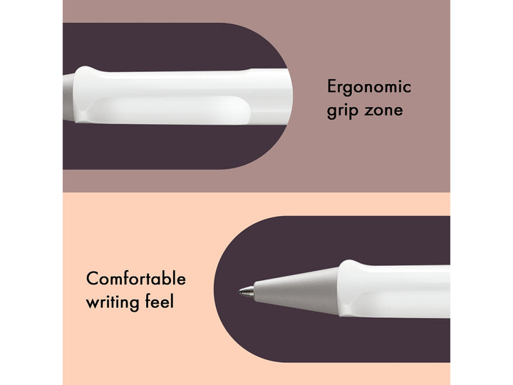 Infographic highlighting the ergonomic grip zone and comfortable writing feel of the LAMY safari Ballpoint Pen in White, featuring the moulded grip section, brushed silver cone tip and durable ASA plastic construction