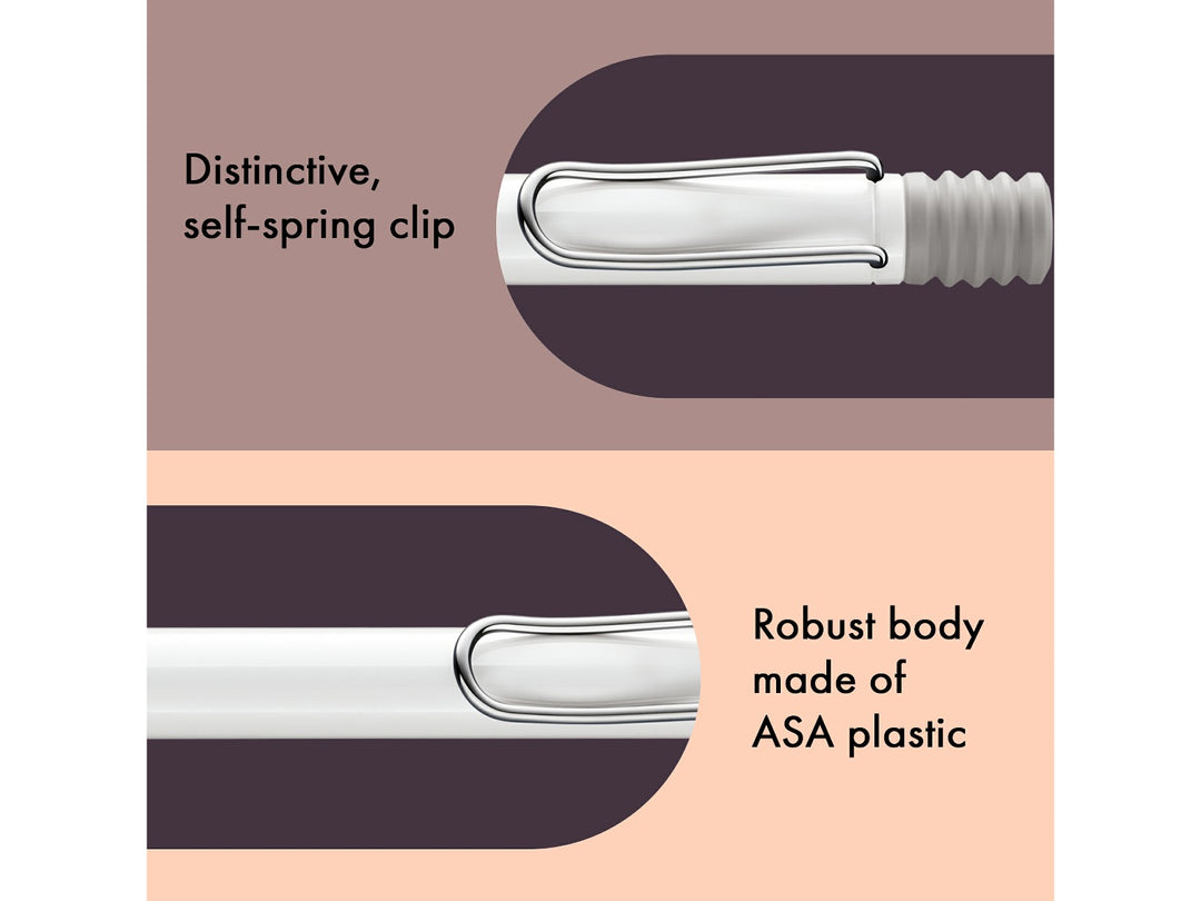 Infographic highlighting the distinctive self-sprung metal clip and durable ASA plastic body of the LAMY safari Ballpoint Pen in White, showcasing the polished metal wire clip, crisp white finish and robust lightweight construction
