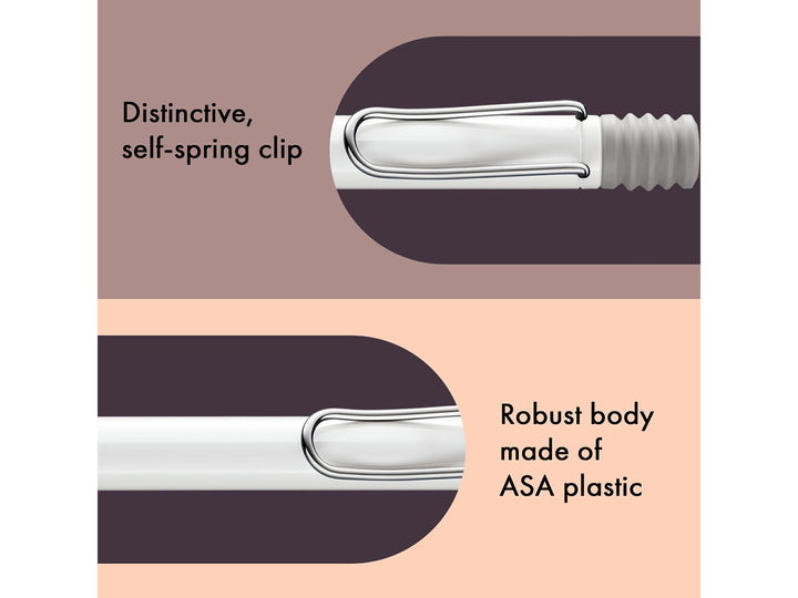 Infographic highlighting the distinctive self-sprung metal clip and durable ASA plastic body of the LAMY safari Ballpoint Pen in White, showcasing the polished metal wire clip, crisp white finish and robust lightweight construction