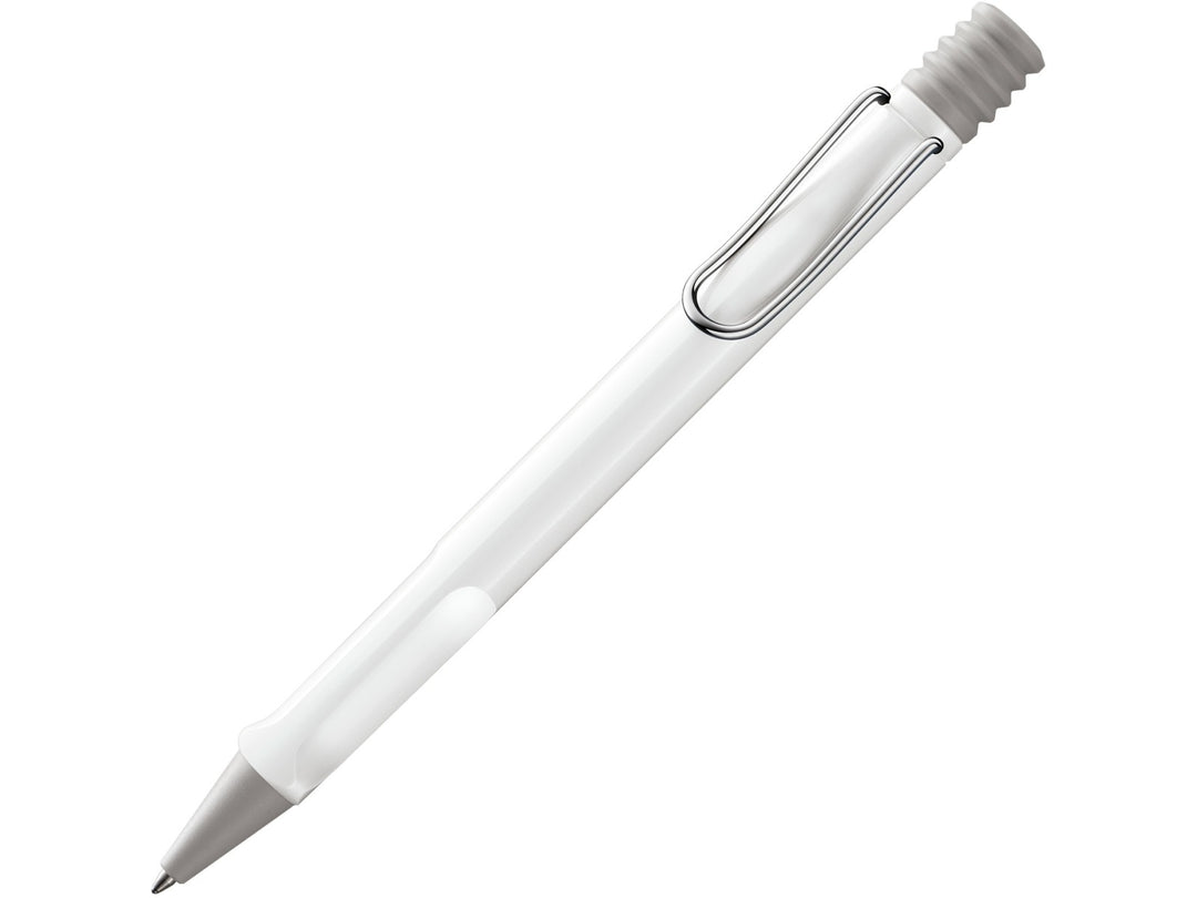 LAMY safari ballpoint pen in White with ergonomic grip section, self-sprung metal clip and blue medium LAMY M16 refill