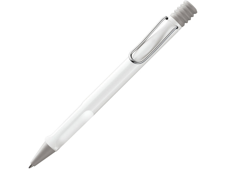 LAMY safari ballpoint pen in White with ergonomic grip section, self-sprung metal clip and blue medium LAMY M16 refill
