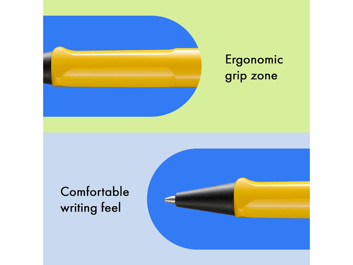Infographic highlighting the ergonomic grip zone and comfortable writing feel of the LAMY safari Ballpoint Pen in Yellow, featuring the moulded grip section, black cone tip and bright yellow ASA plastic body