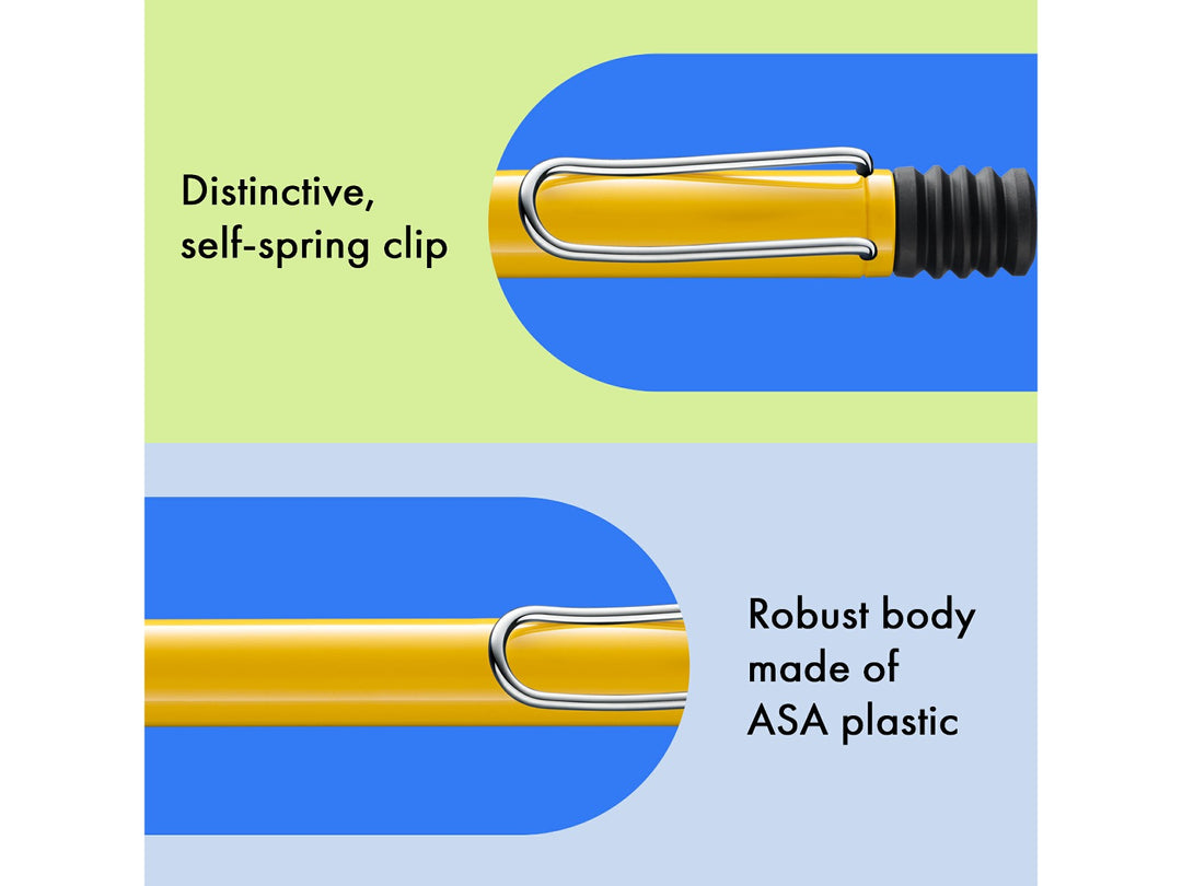 Infographic highlighting the distinctive self-sprung metal clip and durable ASA plastic body of the LAMY safari Ballpoint Pen in Yellow, showcasing the bright yellow finish and robust everyday construction