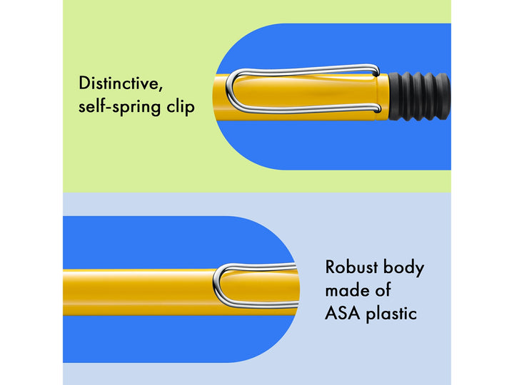 Infographic highlighting the distinctive self-sprung metal clip and durable ASA plastic body of the LAMY safari Ballpoint Pen in Yellow, showcasing the bright yellow finish and robust everyday construction