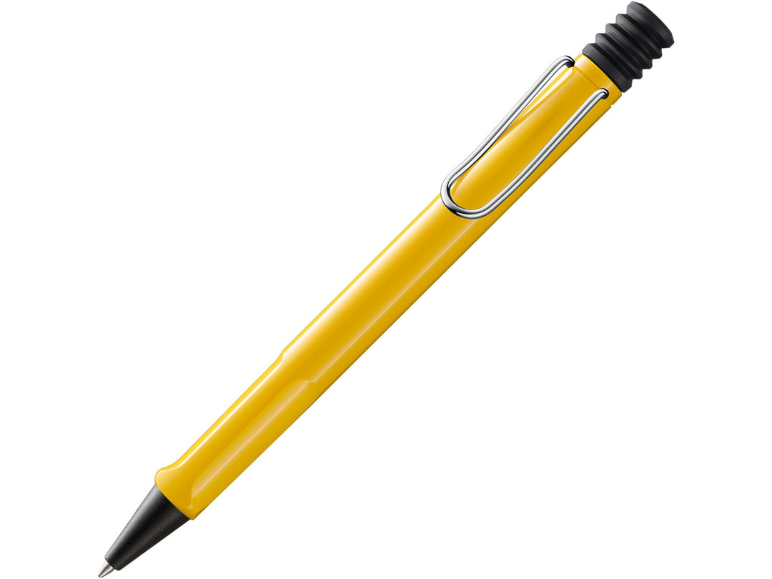 LAMY safari ballpoint pen in Yellow with ergonomic grip section, self-sprung metal clip and blue medium LAMY M16 refill