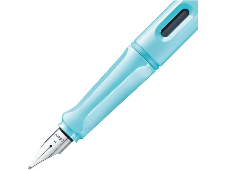 LAMY safari fountain pen Aquasky close-up of stainless steel nib, ergonomic grip and ink level window
