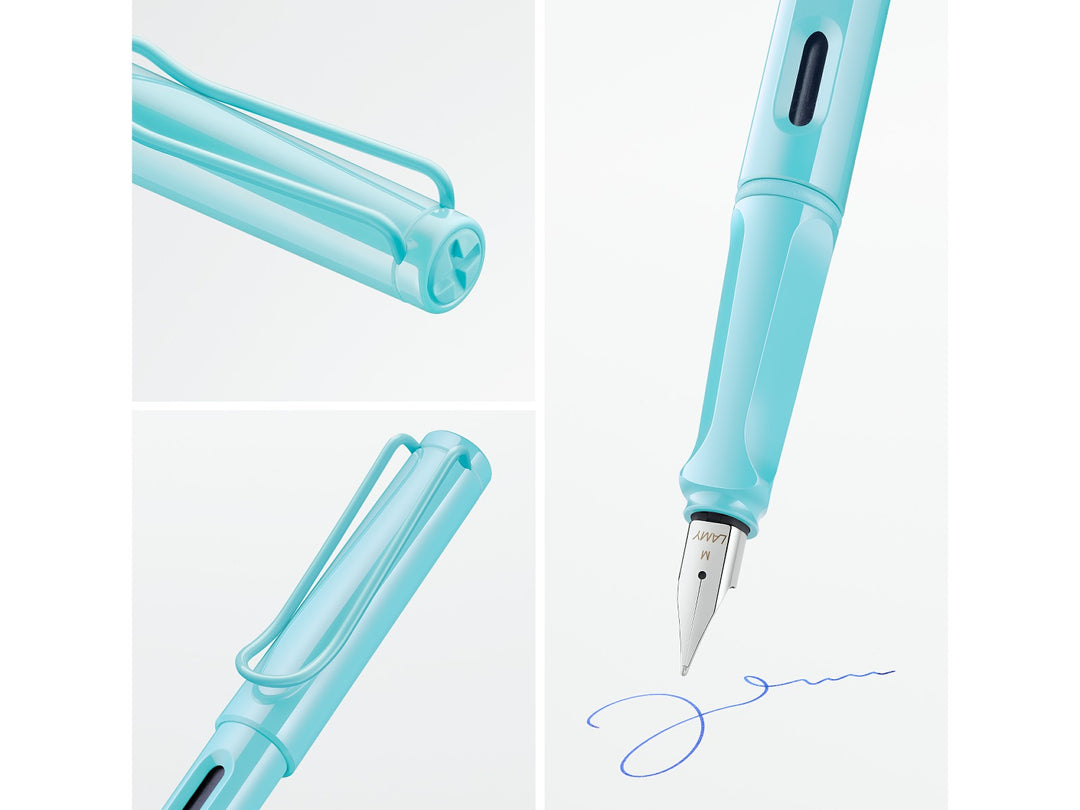 LAMY safari aquasky fountain pen feature collage highlighting stainless steel nib, ergonomic grip, ink level window and signature wire clip