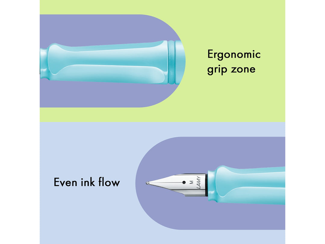 LAMY safari aquasky fountain pen features including ergonomic grip zone, stainless steel nib and smooth ink flow performance
