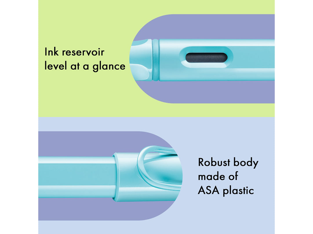 LAMY safari fountain pen Aquasky features including ink level window, ASA plastic body and signature wire pocket clip